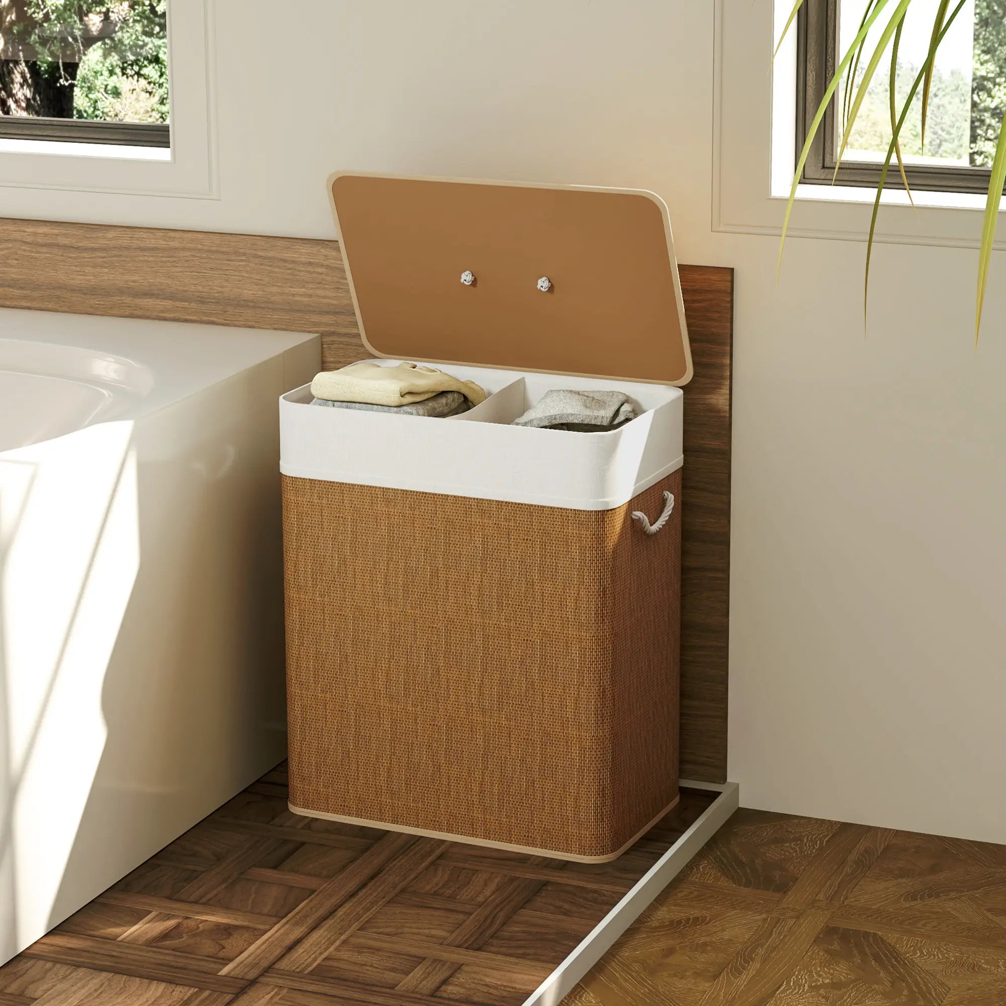 Double Laundry Basket with Lid, 100L Bamboo Hamper, Removable Bags, Brown Clothing Storage at Gallery Canada