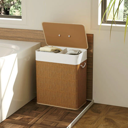Double Laundry Basket with Lid, 100L Bamboo Hamper, Removable Bags, Brown Clothing Storage at Gallery Canada