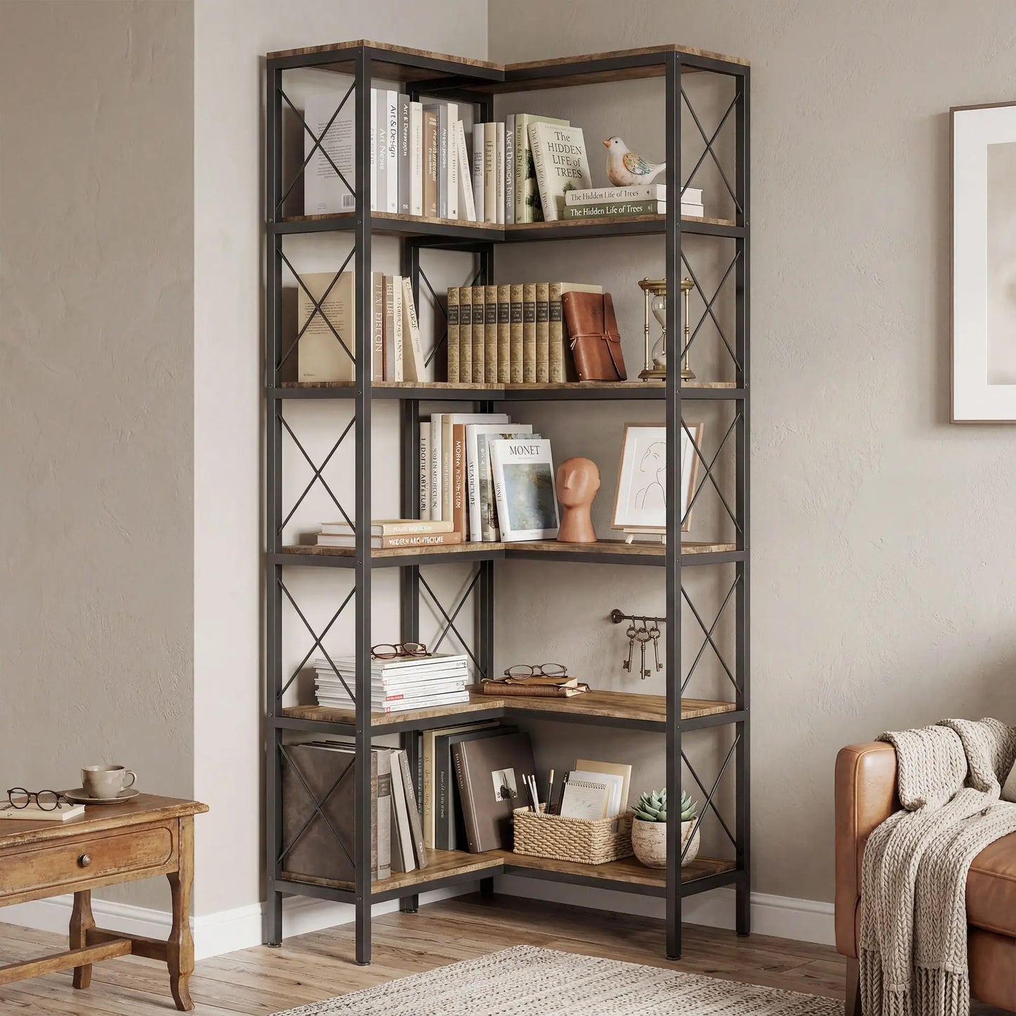 6-Tier L-Shaped Bookshelf, Freestanding Corner Bookcase with Metal Frame, Rustic Brown Display Bookshelves at Gallery Canada