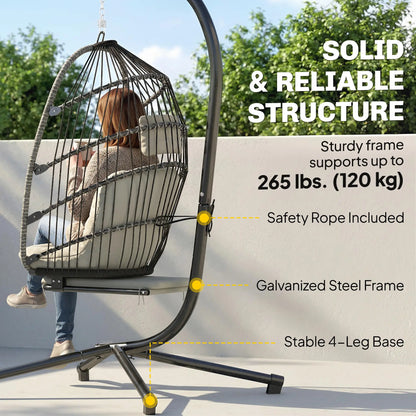 Outdoor Hanging Egg Chair, Retractable Footrest, Metal Stand, Light Grey Patio Swings with Stand at Gallery Canada