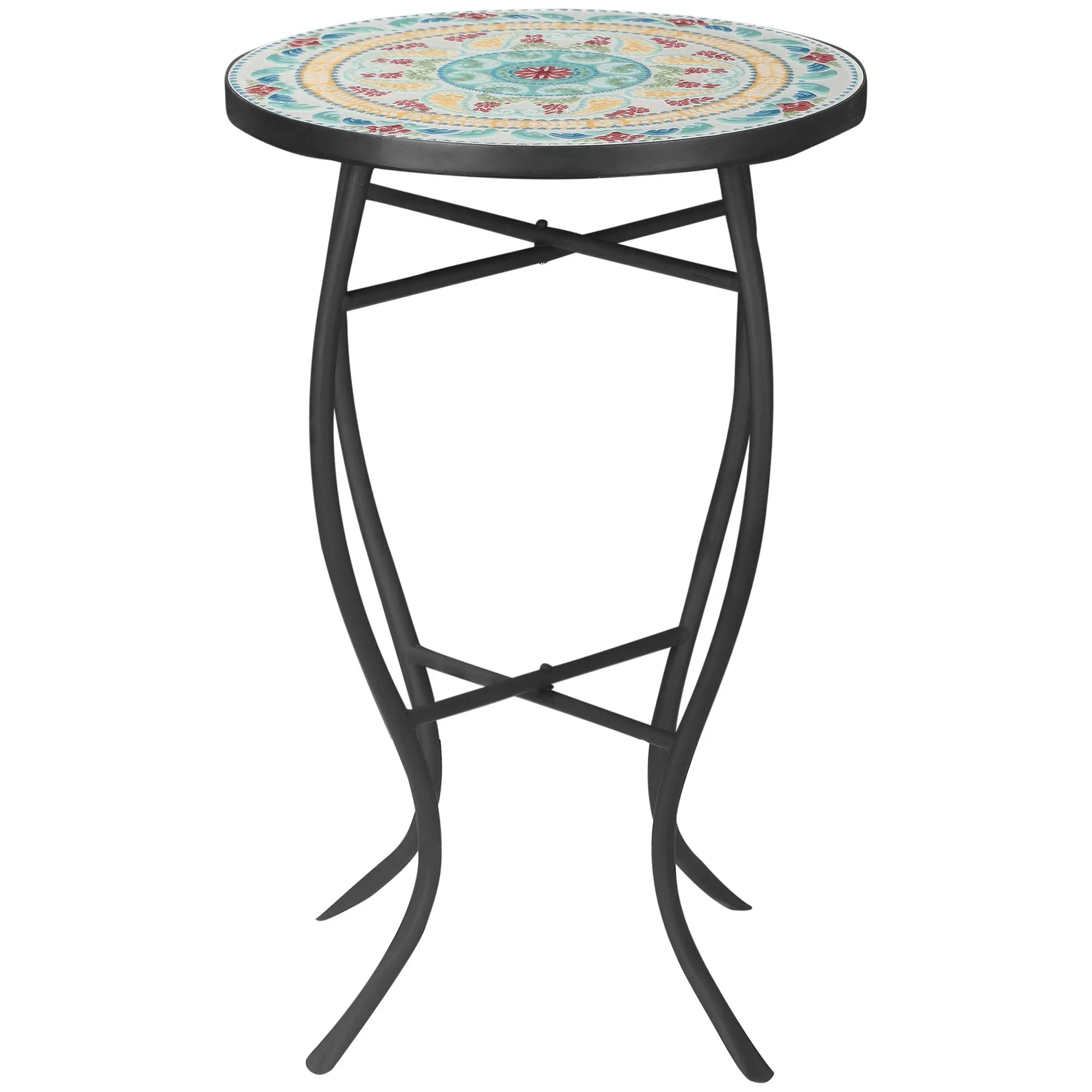 Round Mosaic Patio Table, Metal Frame, Outdoor Garden Furniture, Multicolor Patio Side Tables Red, Green, Black at Gallery Canada