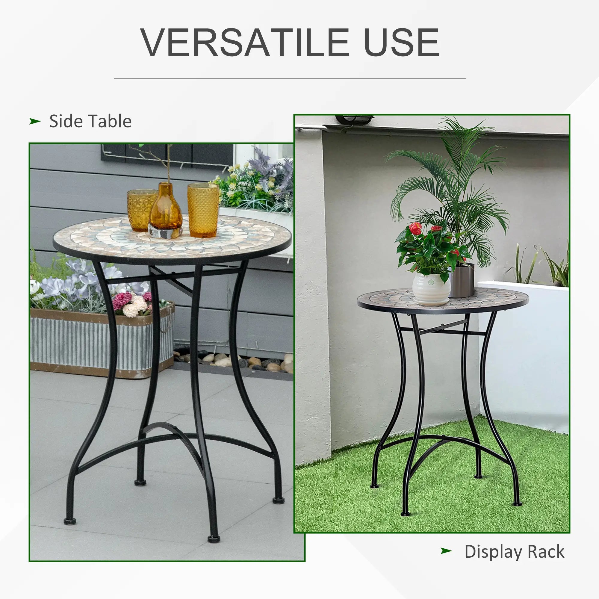 Round Mosaic Patio Table, Metal Frame, Outdoor Garden Furniture, Green Patio Side Tables at Gallery Canada