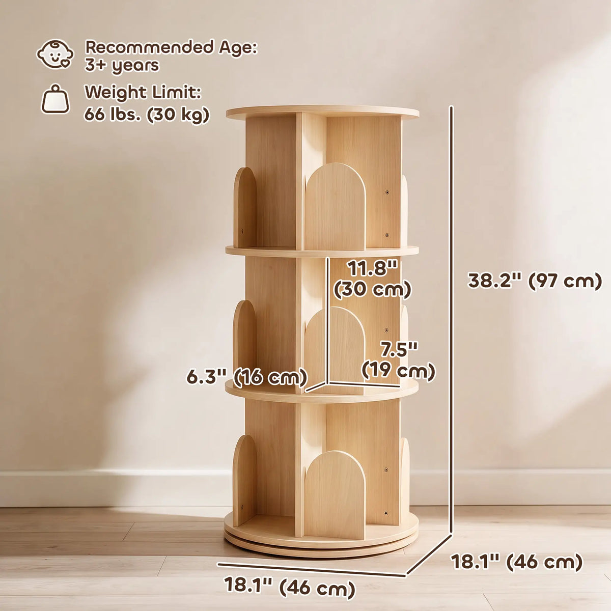 3-Tier Rotating Bookshelf, 360° Revolving Bookcase, Natural Baby & Kids Storage at Gallery Canada