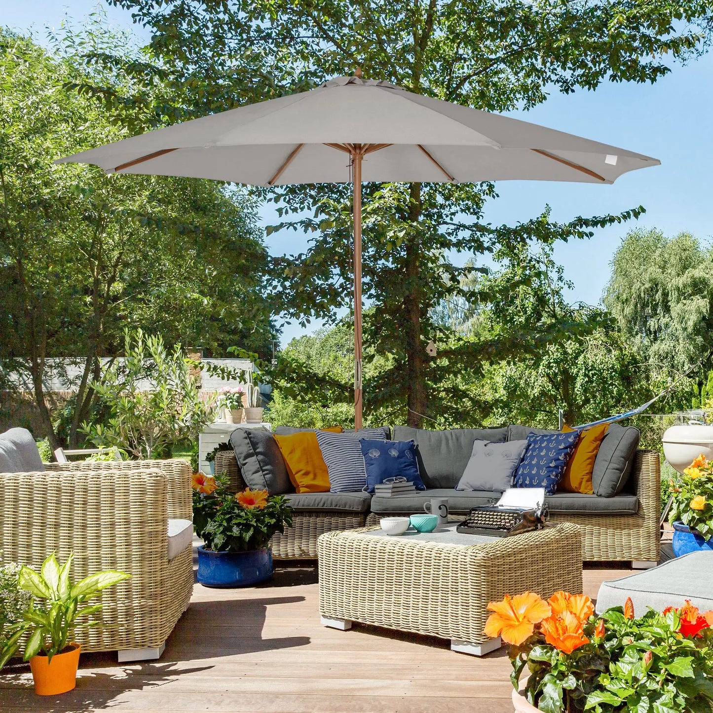 10' x 8' Wooden Patio Umbrella, Bamboo Rib Sunshade, Grey Sun Umbrellas at Gallery Canada