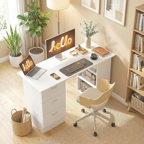 47 Inches Office Desk, 3-Tier Storage Shelves, Drawers, White