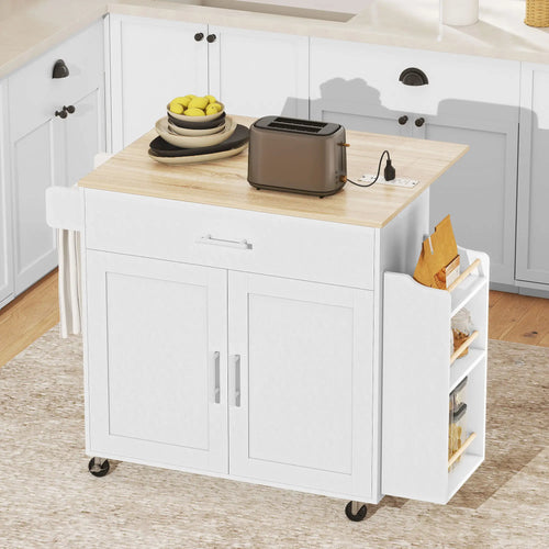 Kitchen Island with Storage, Rolling Cart, Foldable Drop Leaf, Power Outlet, USB Ports, White