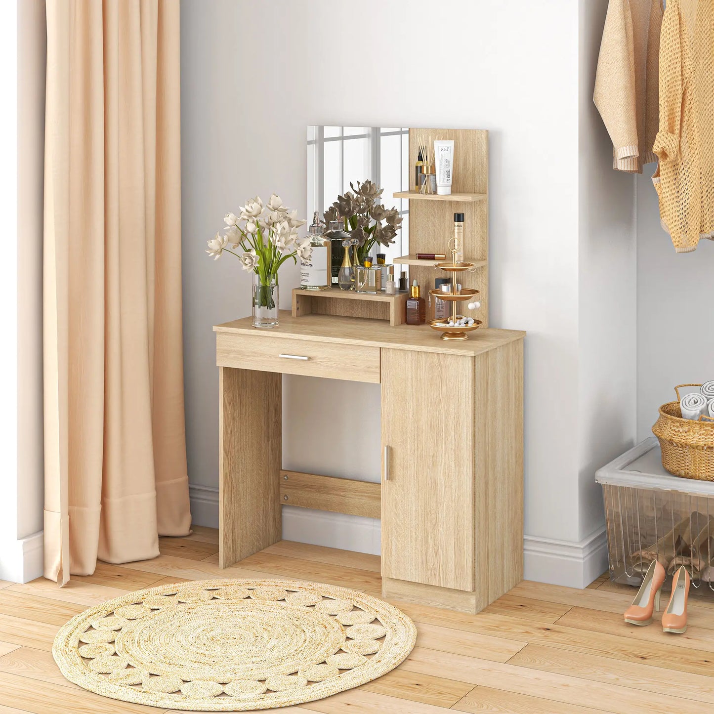 Vanity Table with Mirror, Drawer, Storage Shelves, 35.4 x 15 x 54.3 Inches, Natural Wood Dressing & Vanity Tables at Gallery Canada
