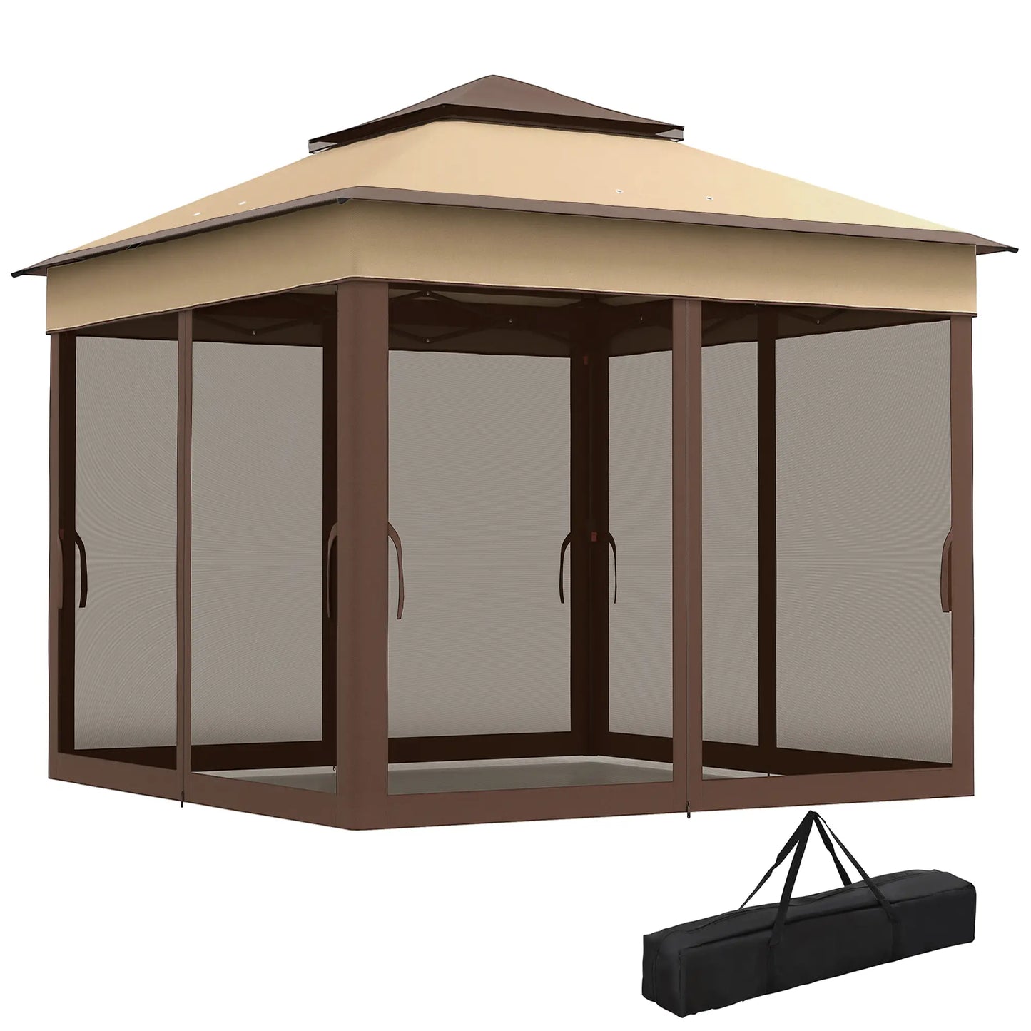10.7 x 10.7ft Pop Up Gazebo, Adjustable Sun Shelter, UV30+ Roof, Removable Mesh Curtains, Beige Pop Up Canopies Beige at Gallery Canada