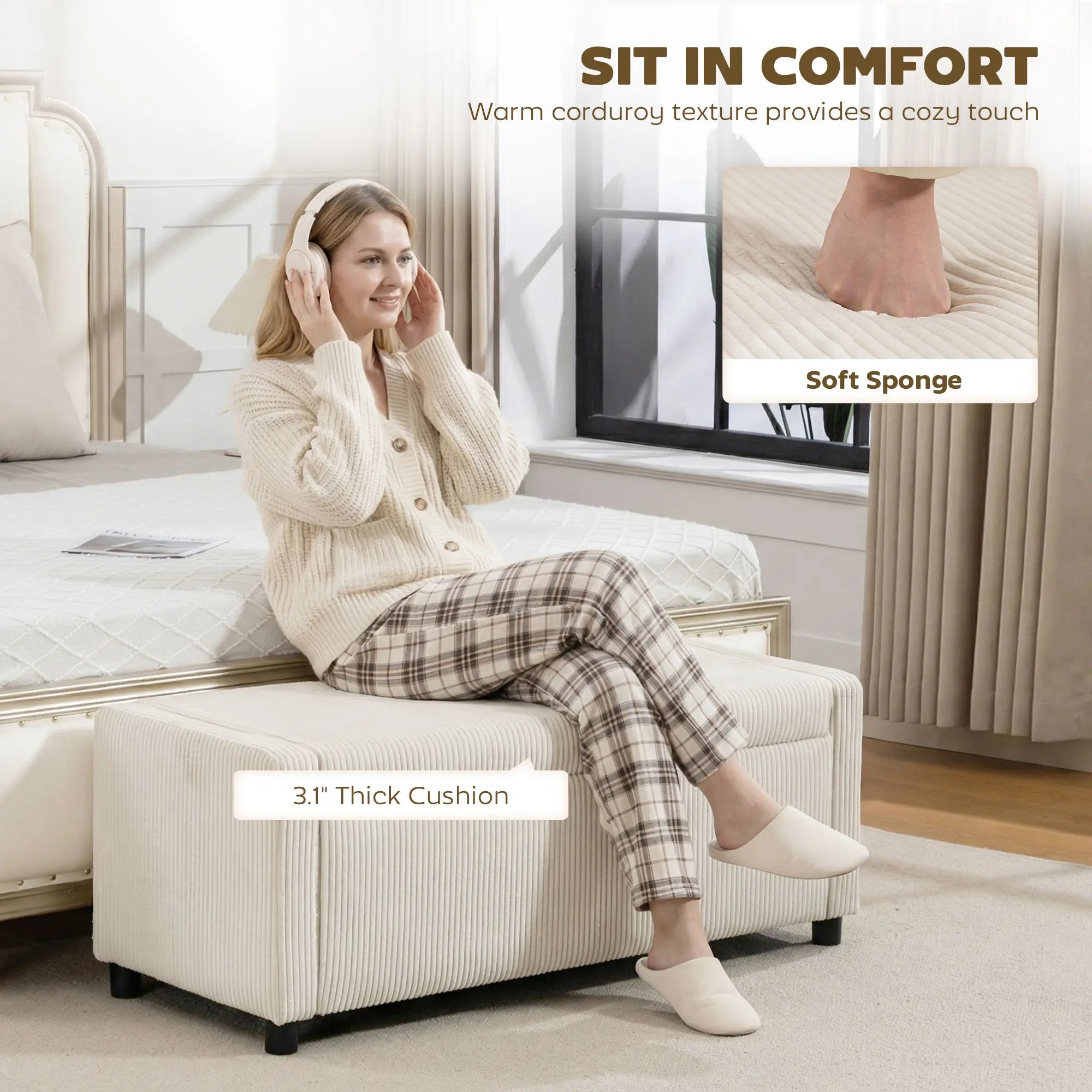 Storage Ottoman, Upholstered Corduroy Bench, Beige Storage Ottomans & Benches at Gallery Canada