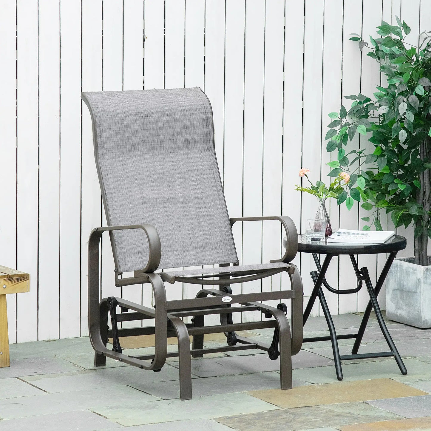 Patio Glider with Breathable Mesh, Outdoor Rocking Chair, Brown Grey Outdoor Gliders at Gallery Canada