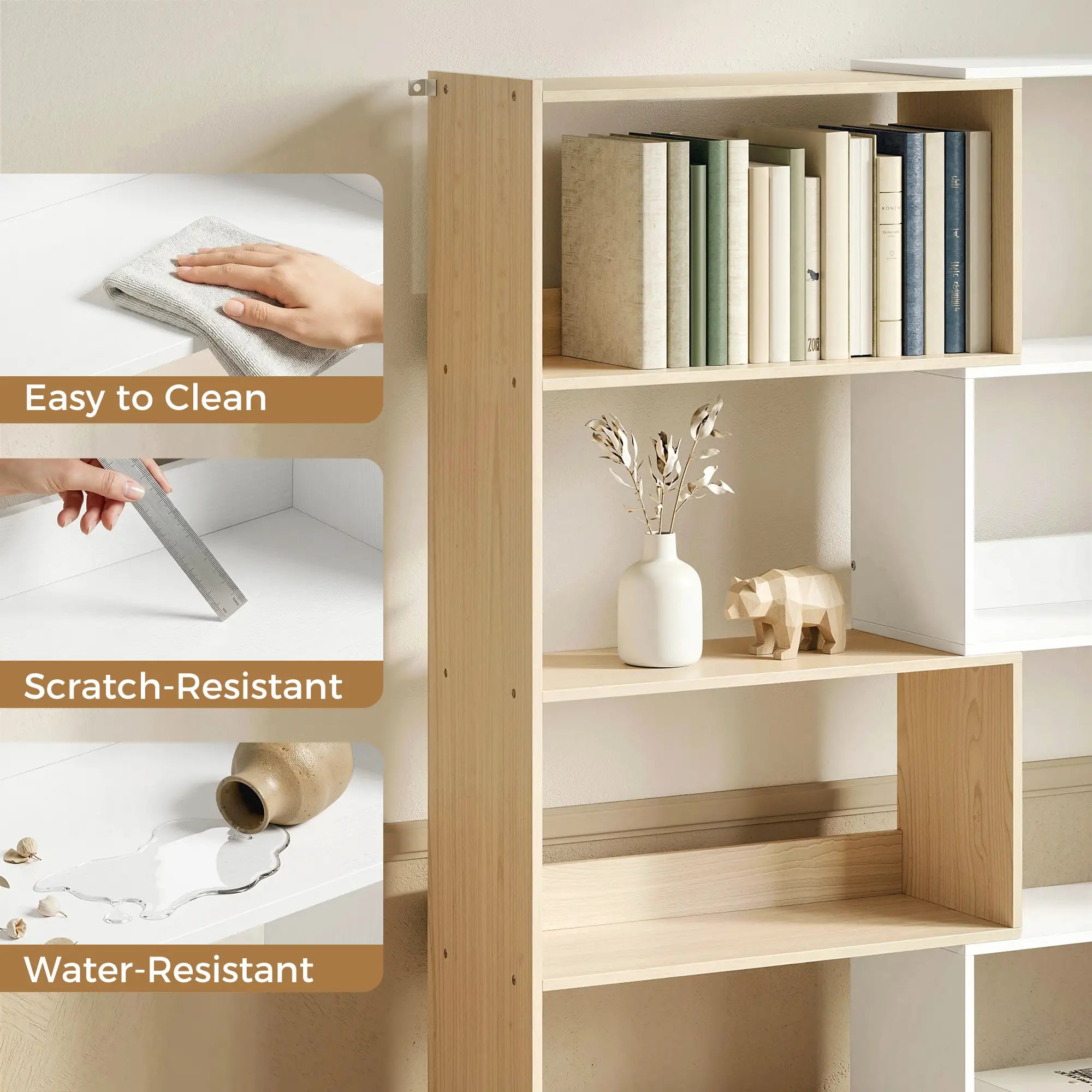 Corner Bookshelf, 5-Tier L-Shaped Bookcase with 350° Rotating Design, Two-Tone Design, Fruitwood/White Display Bookshelves at Gallery Canada