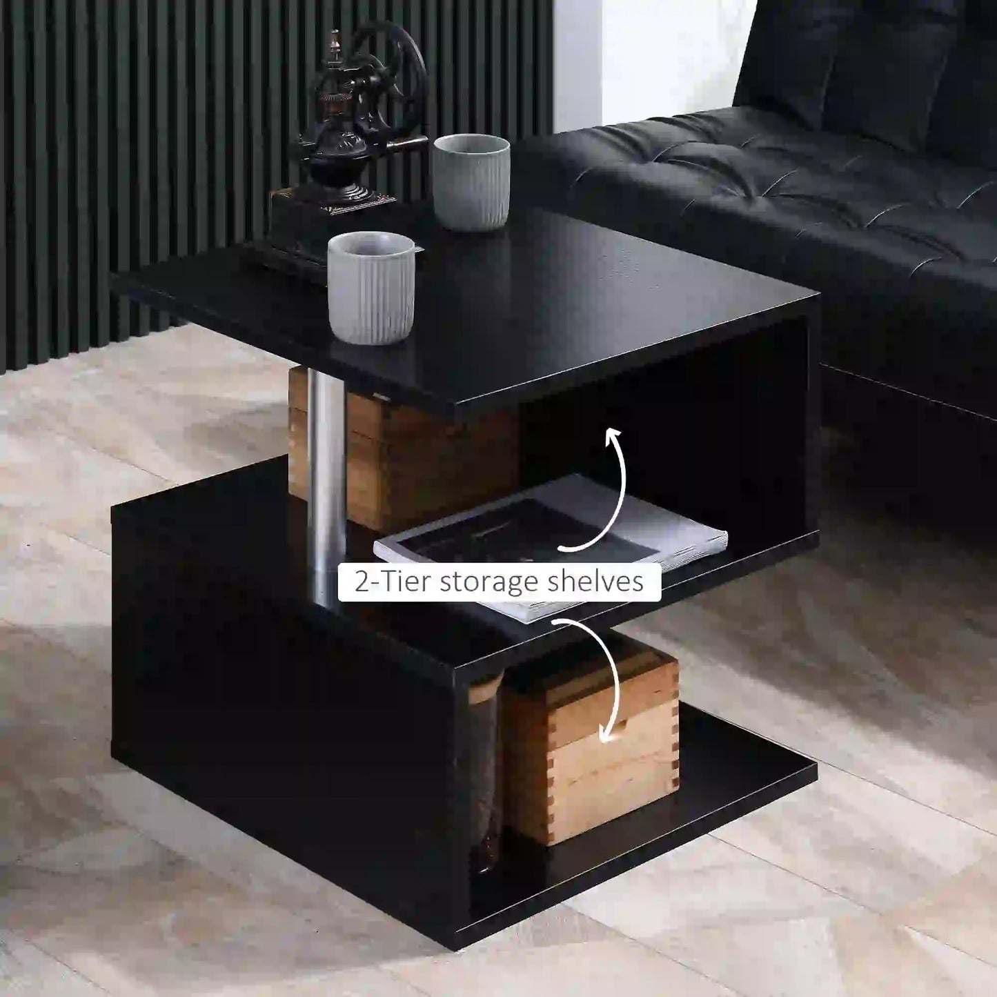 Wooden S Shape End Table, 3 Tier Storage Shelves, Black Side Tables at Gallery Canada