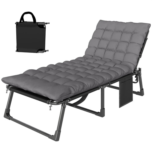 75 cm Wide Folding Chaise Lounge Chair, Cushion, Side Pocket, Dark Grey Lounger Chairs Dark Grey at Gallery Canada