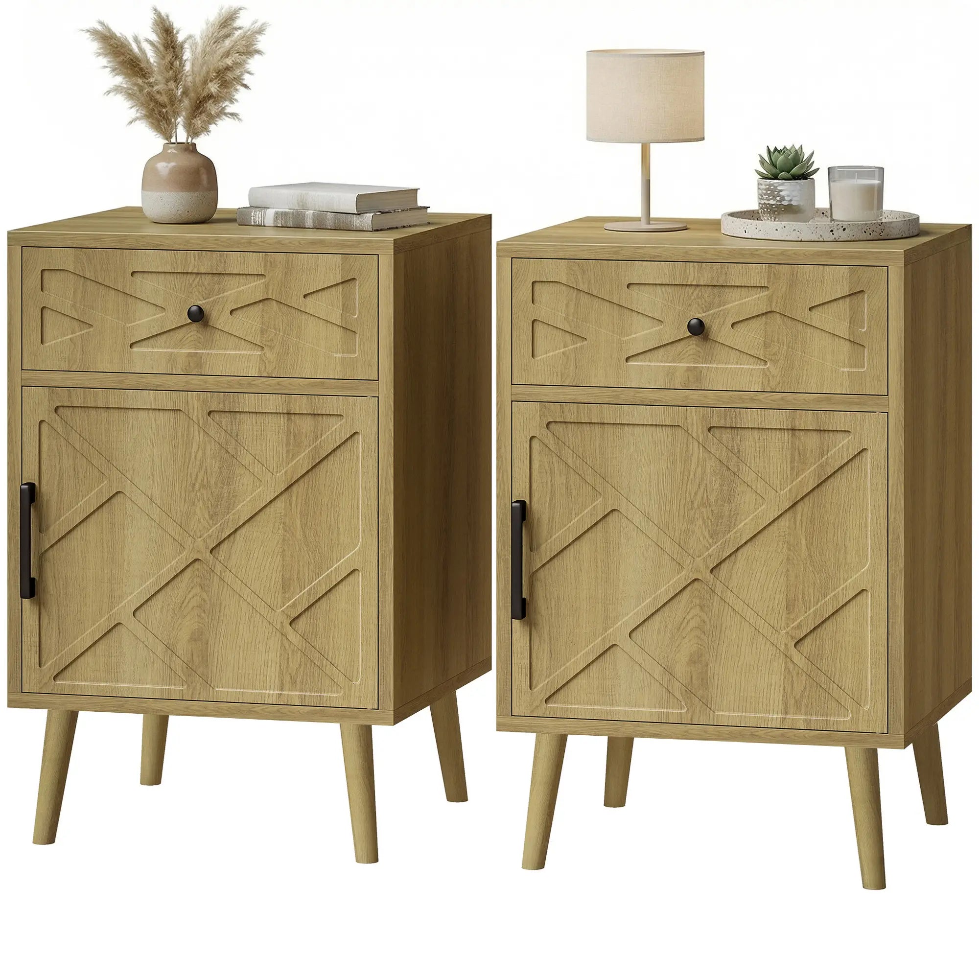Nightstand Set Of 2, Oak, With Drawer And Cabinet Storage Side Tables Oak at Gallery Canada
