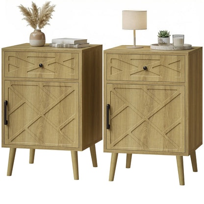 Nightstand Set Of 2, Oak, With Drawer And Cabinet Storage Side Tables Oak at Gallery Canada