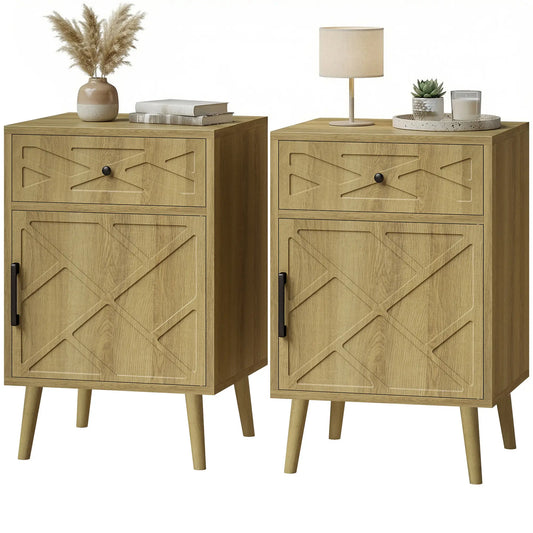 Nightstand Set Of 2, Oak, With Drawer And Cabinet Storage Side Tables Oak at Gallery Canada