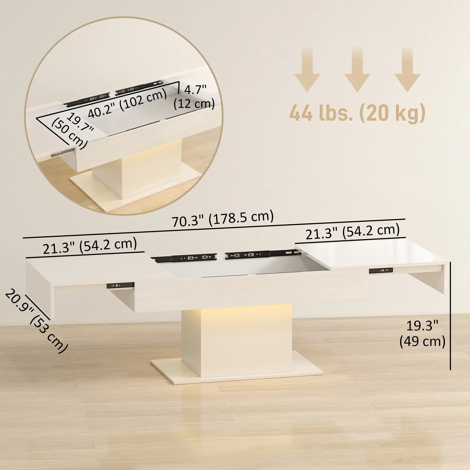 Extendable Coffee Table with LED Lights, Modern High Gloss Center Table with Hidden Storage, White Coffee Tables at Gallery Canada