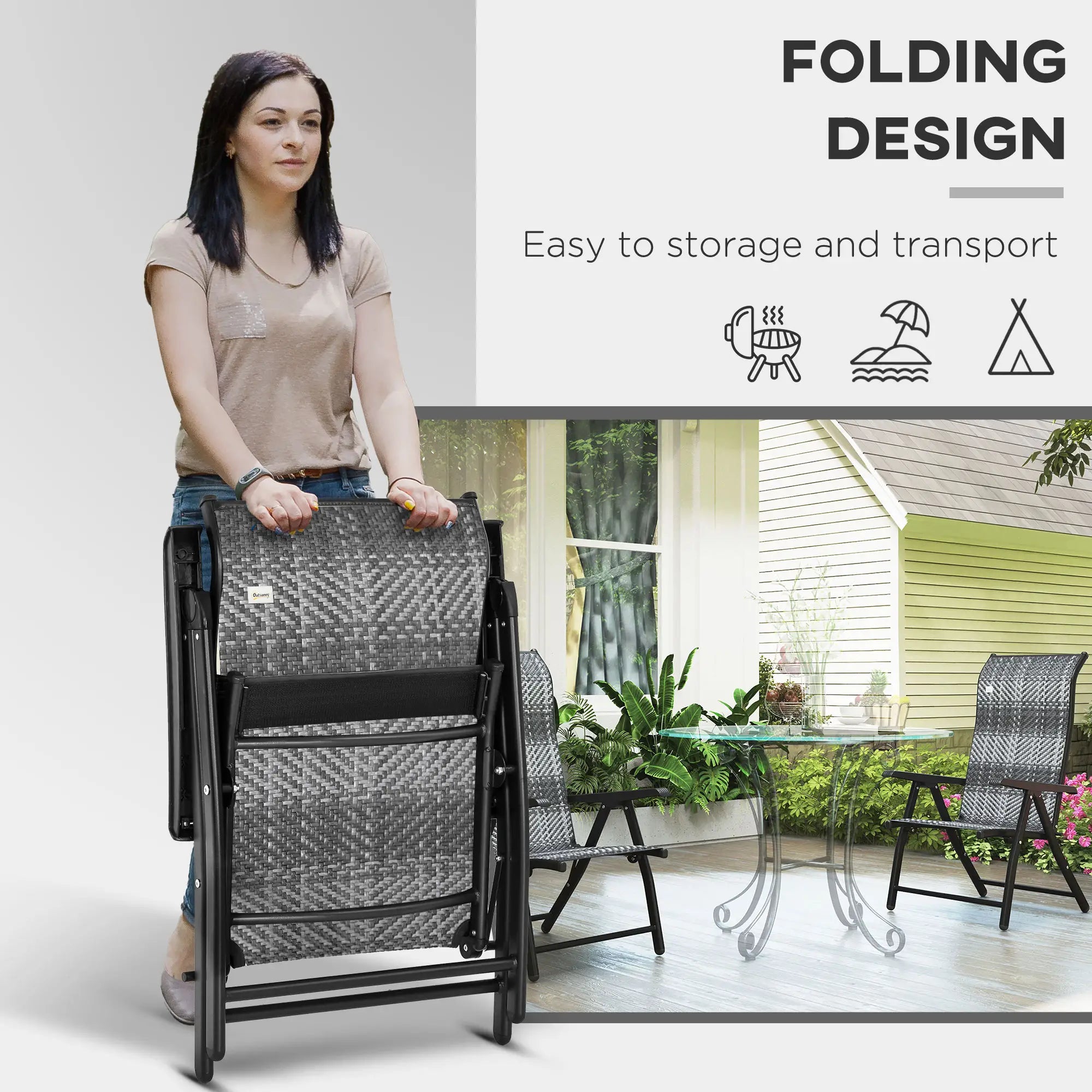 2PCs Outdoor Wicker Folding Chairs, Adjustable Backrest, Mixed Grey, Grey Patio Chairs at Gallery Canada