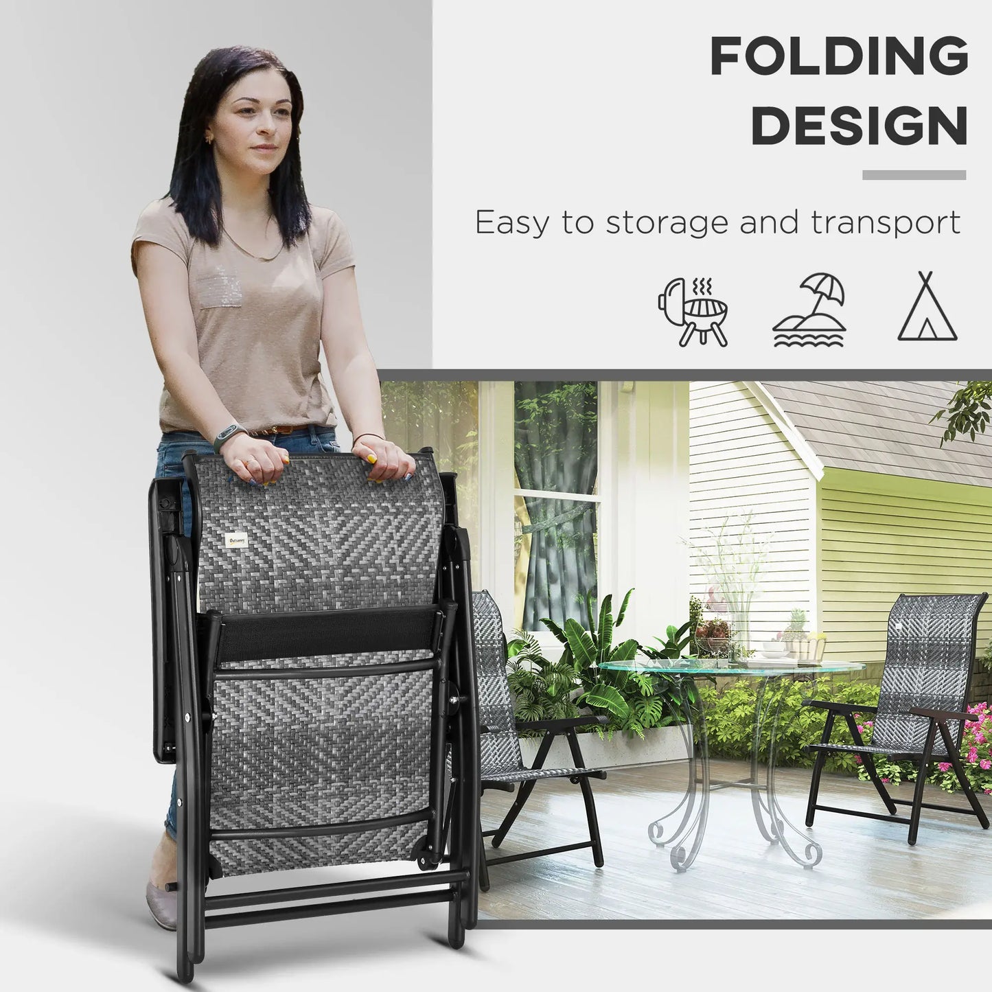 2PCs Outdoor Wicker Folding Chairs, Adjustable Backrest, Mixed Grey, Grey Patio Chairs at Gallery Canada