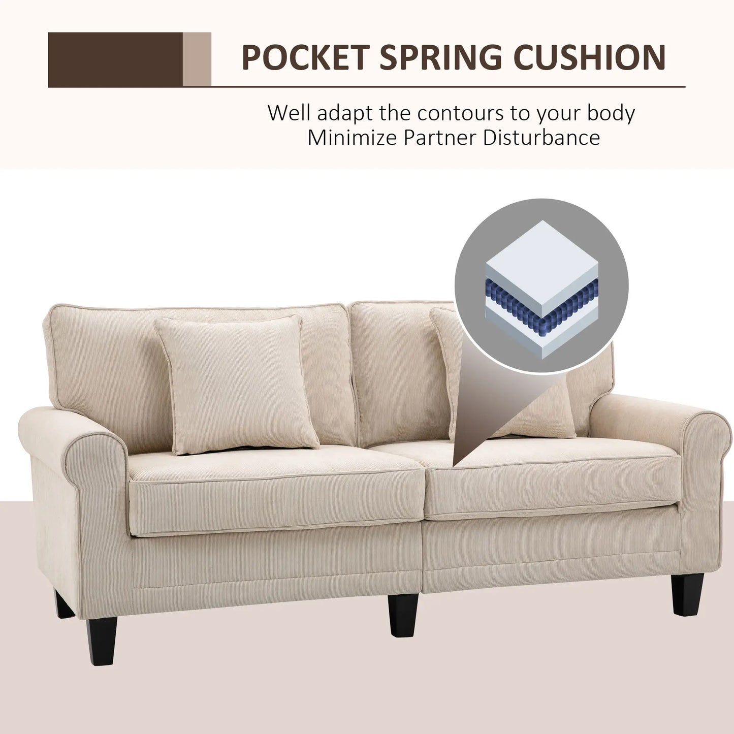 Modern 3 Seater Sofa, Corduroy Fabric, Pine Wood Legs, Beige 3-Seater Sofas at Gallery Canada