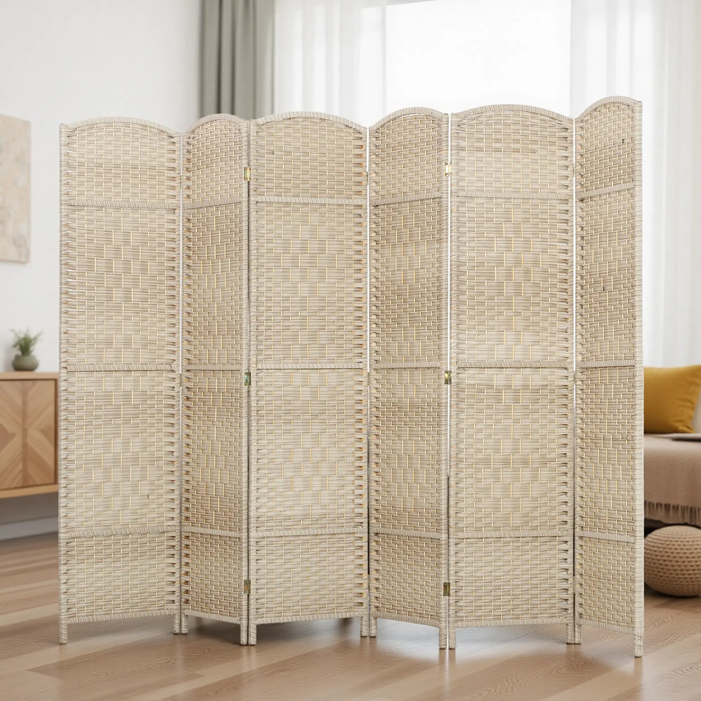 6 Ft Tall Folding Room Divider, 6 Panel Portable Privacy Screen, Light Oak