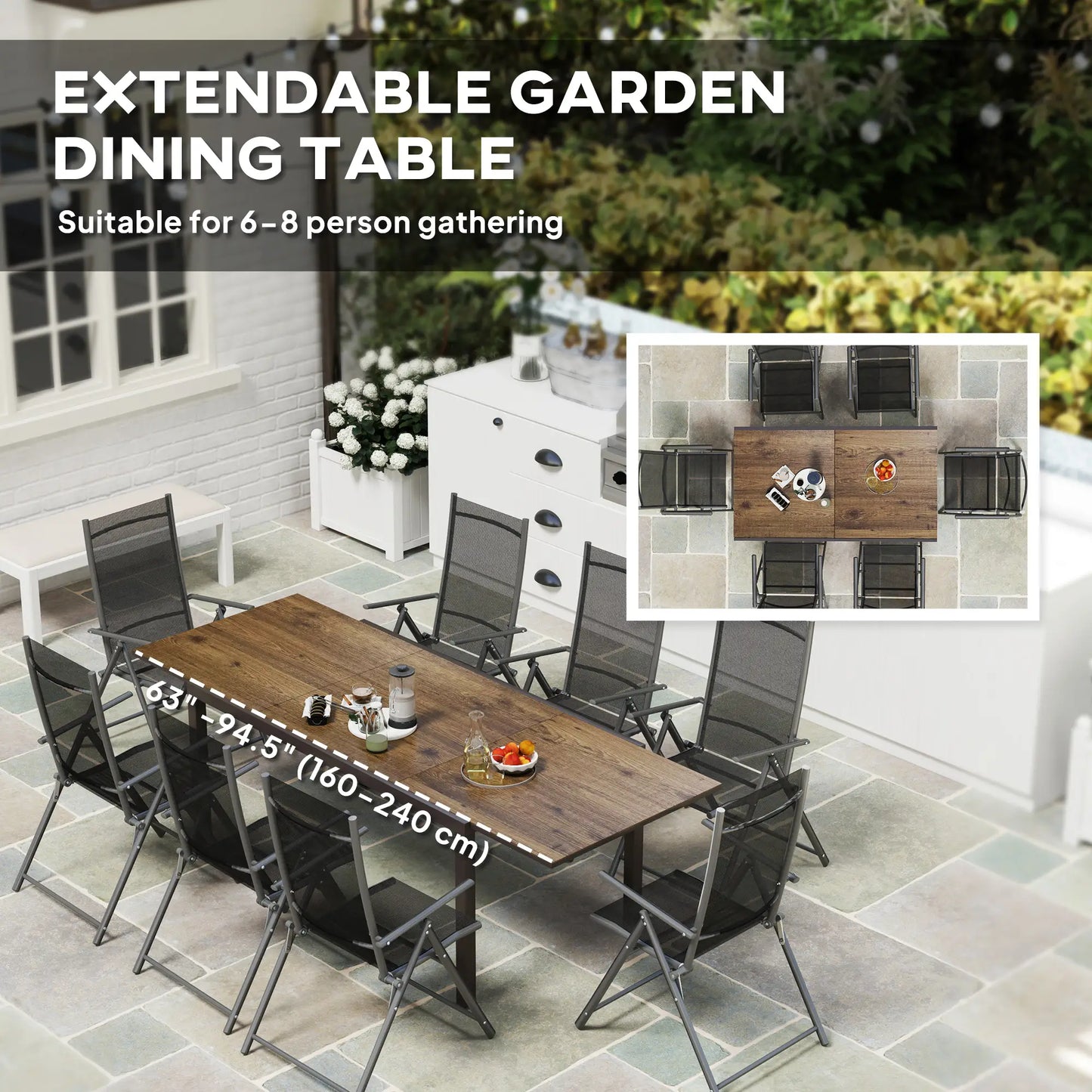 63"-94.5" Extendable Outdoor Dining Table, Steel Frame, Brown Patio Dinning Tables at Gallery Canada