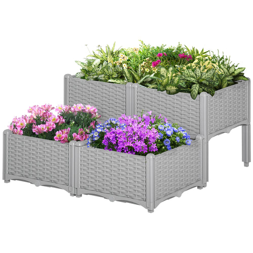4-Piece Raised Garden Bed, PP Flower Bed, Vegetable Herb Grow Box, Grey