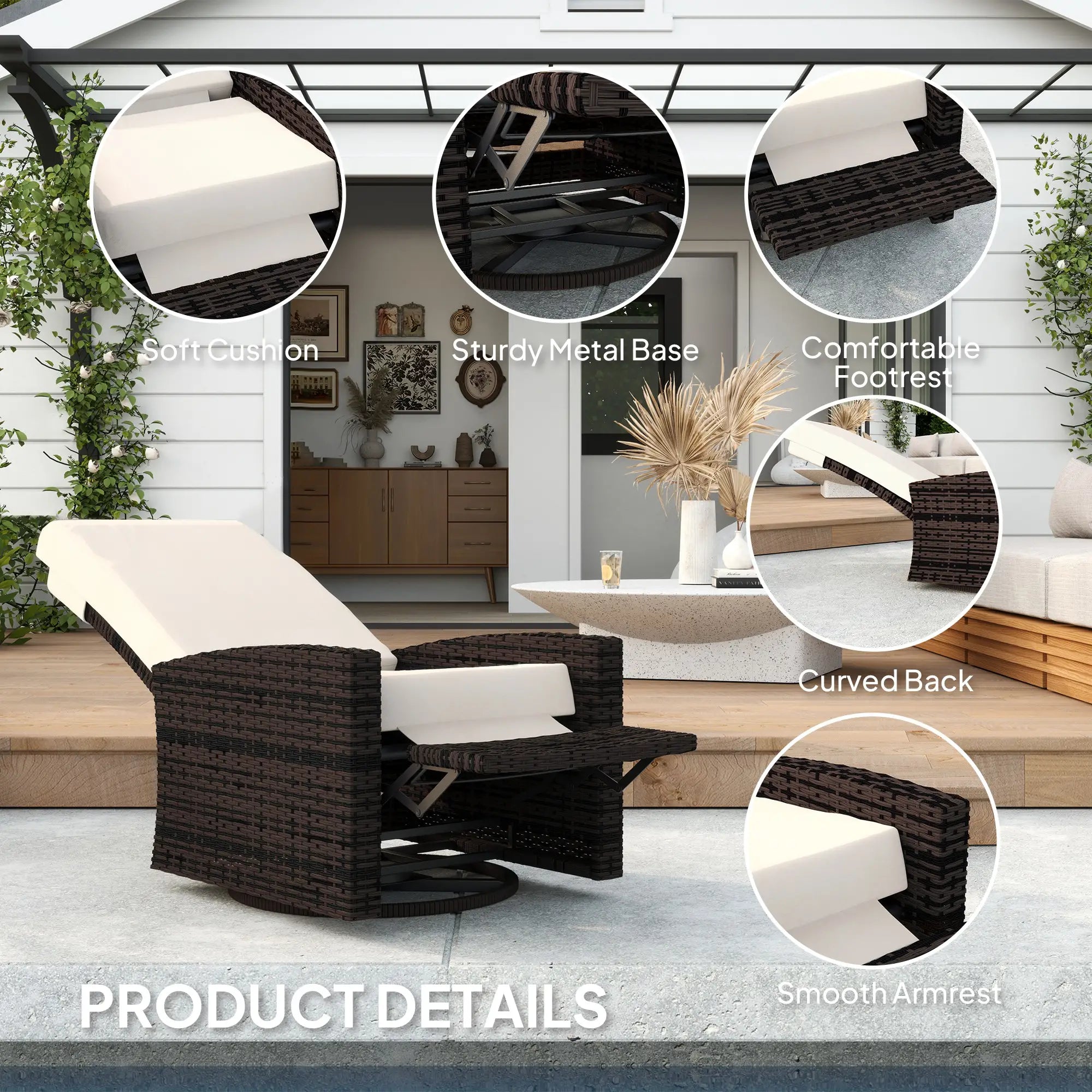 Outdoor Rattan Wicker Lounge Chair with Footrest, Soft Cushion, Khaki Patio Chairs at Gallery Canada