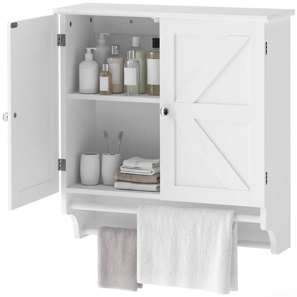Bathroom Wall Cabinet with Adjustable Shelf, 2 Doors, Towel Racks, White