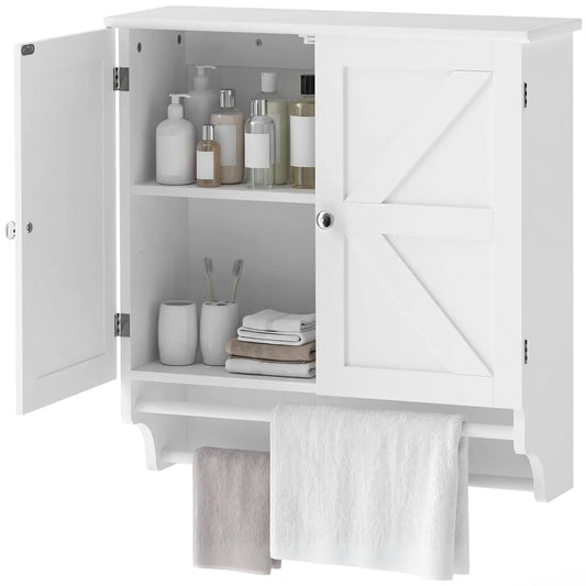 Bathroom Wall Cabinet with Adjustable Shelf, 2 Doors, Towel Racks, White