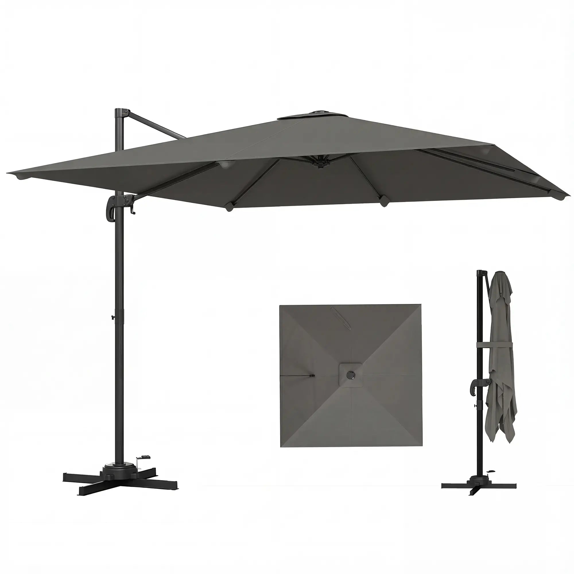 10 FT Square Patio Umbrella, Crank Handle, Cross Base, Tilt, 360° Rotation Offset Cantilever Umbrellas Dark Grey, Black Grey at Gallery Canada