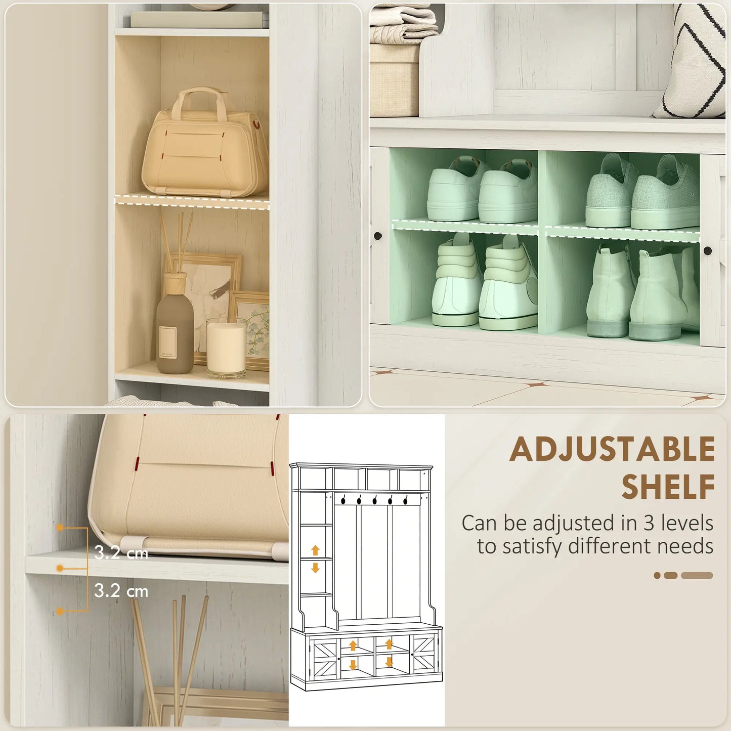 Hall Tree Bench With Shoe Storage, 12 Shelves, 2 Cabinets, 5 Hooks, White Clothing Storage at Gallery Canada