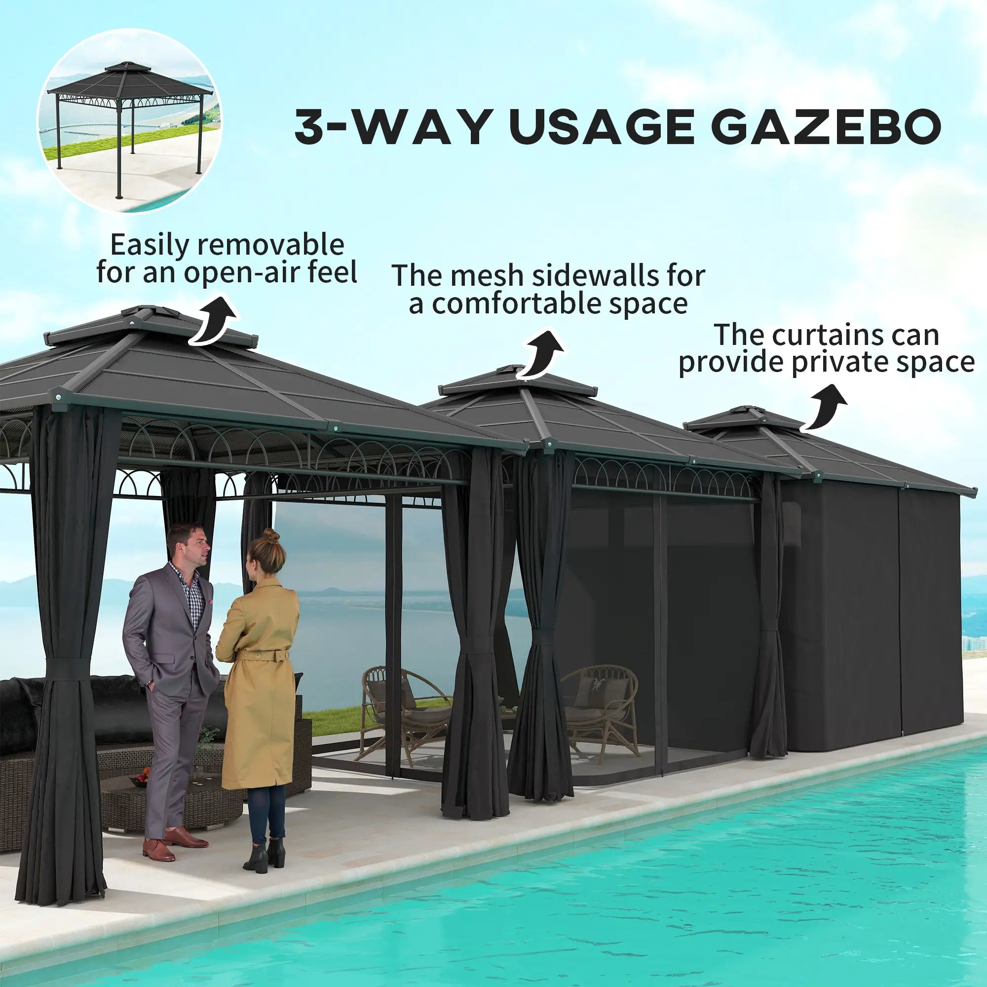 9' x 10' Hardtop Gazebo With Steel Frame, Nettings, Curtains, Black Gazebos at Gallery Canada