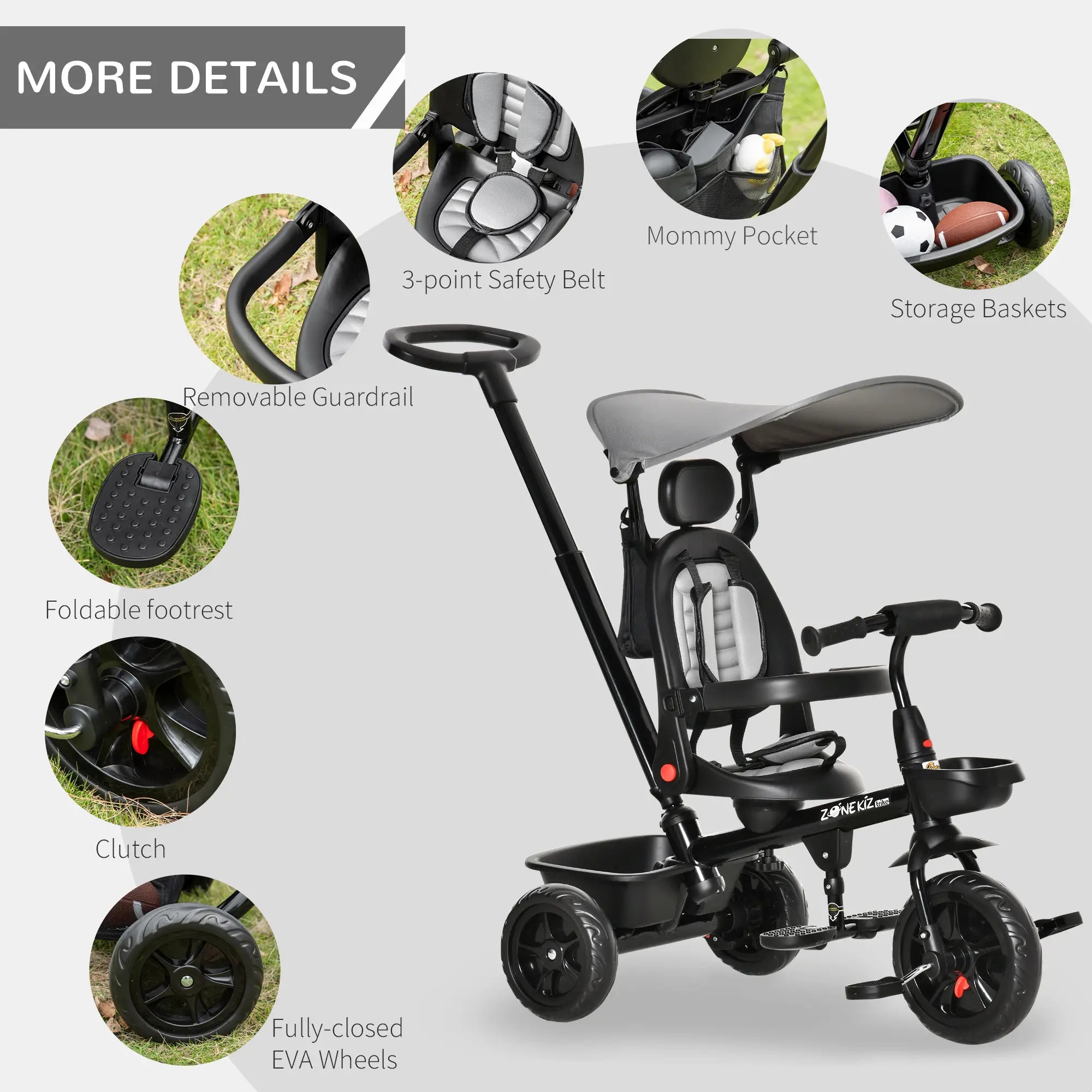 Kids Tricycle, 4 In 1 Trike, Adjustable Seat, Removable Canopy, Grey Tricycles for Kids at Gallery Canada