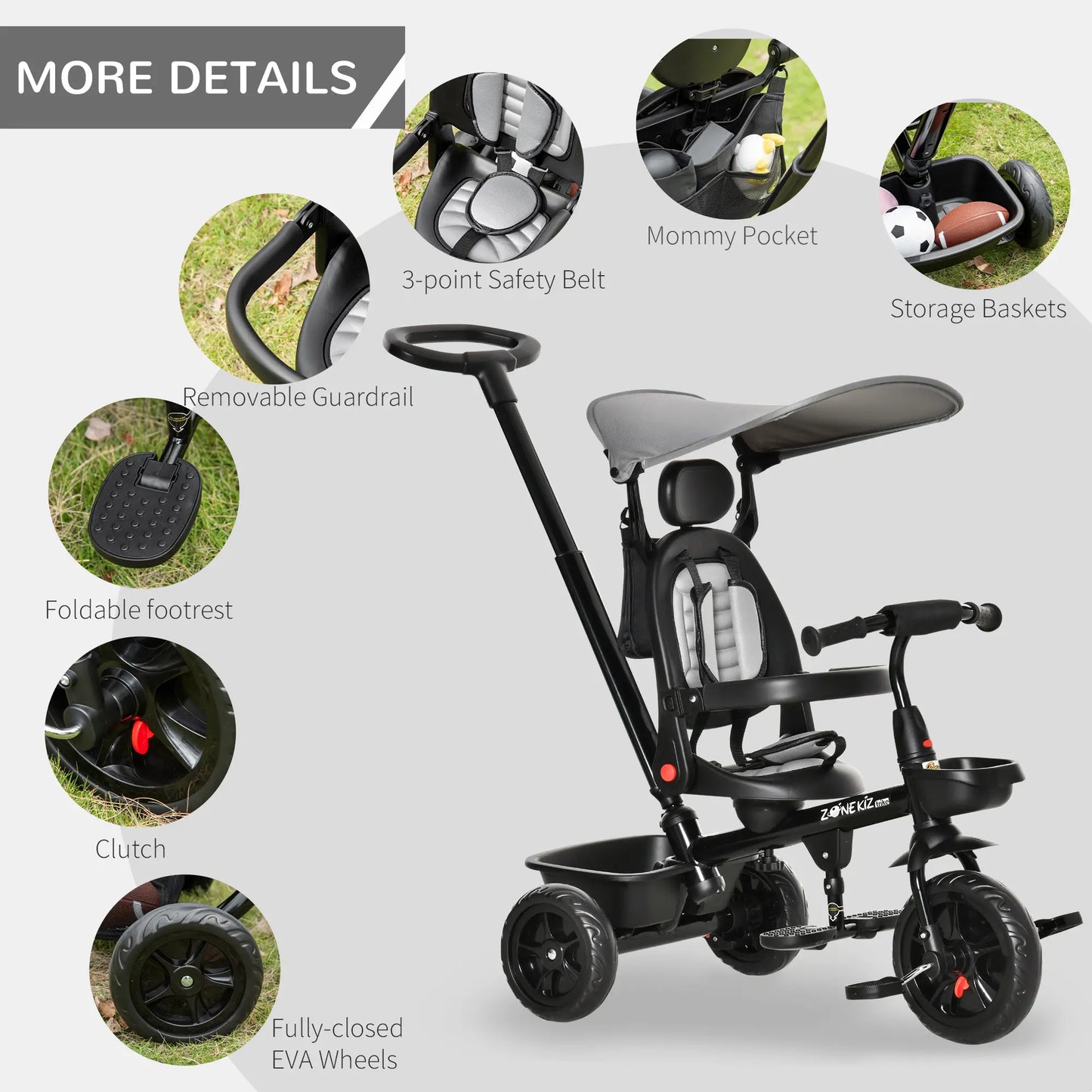 Kids Tricycle, 4 In 1 Trike, Adjustable Seat, Removable Canopy, Grey Tricycles for Kids at Gallery Canada