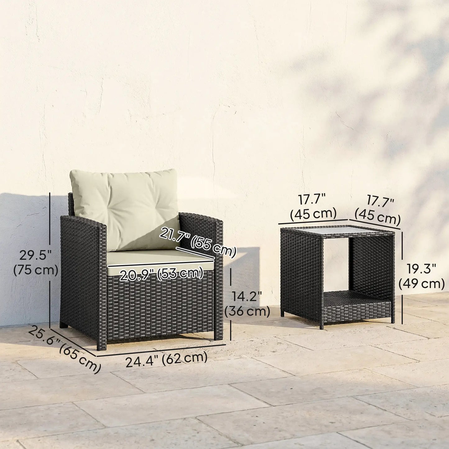 3 Piece Wicker Patio Set, 2-Tier Glass Top Table, Beige Bistro Sets at Gallery Canada