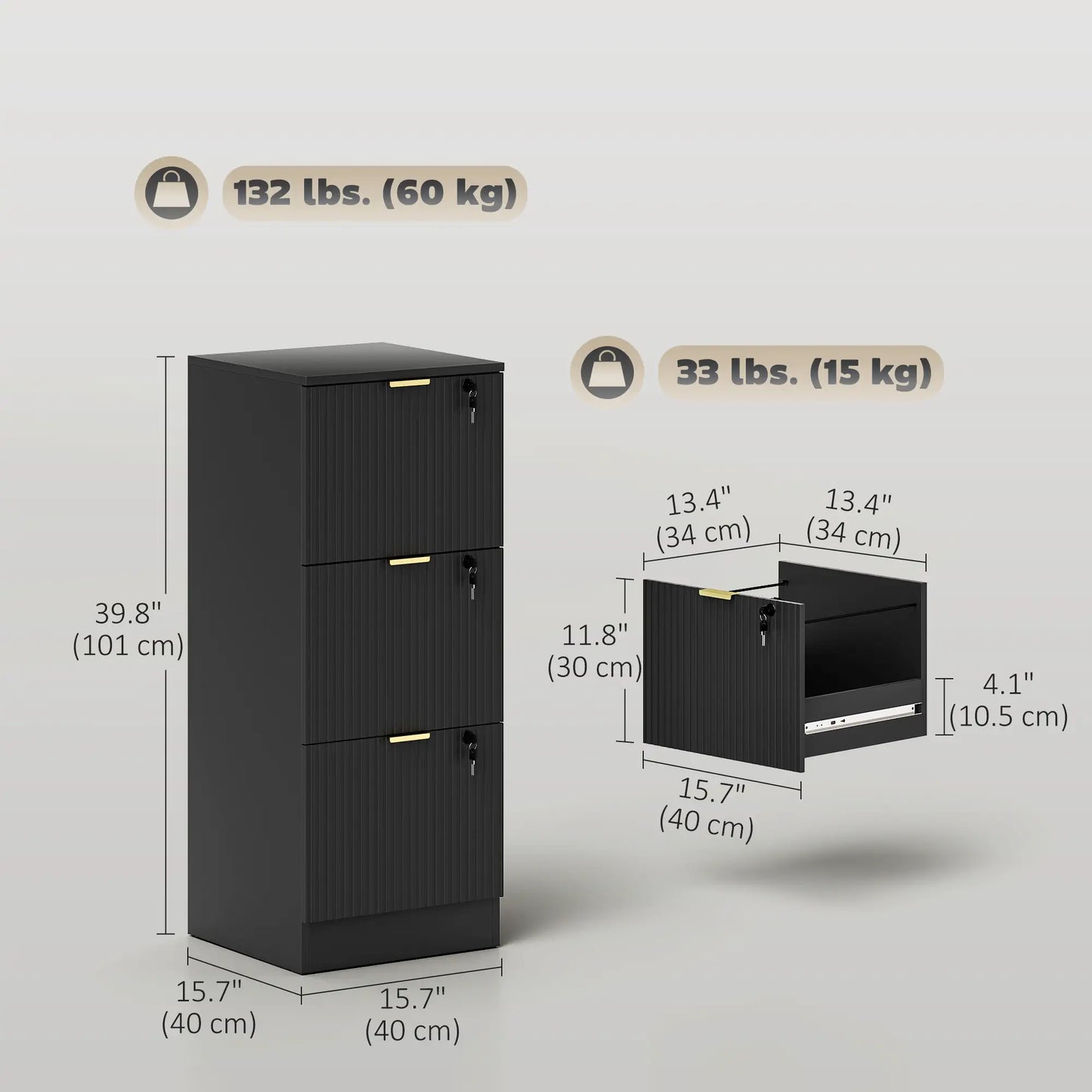 Lockable Filing Cabinet, 3 Fluted Drawers, Adjustable Hanging Rails, Black Office Cabinets & Cupboards at Gallery Canada