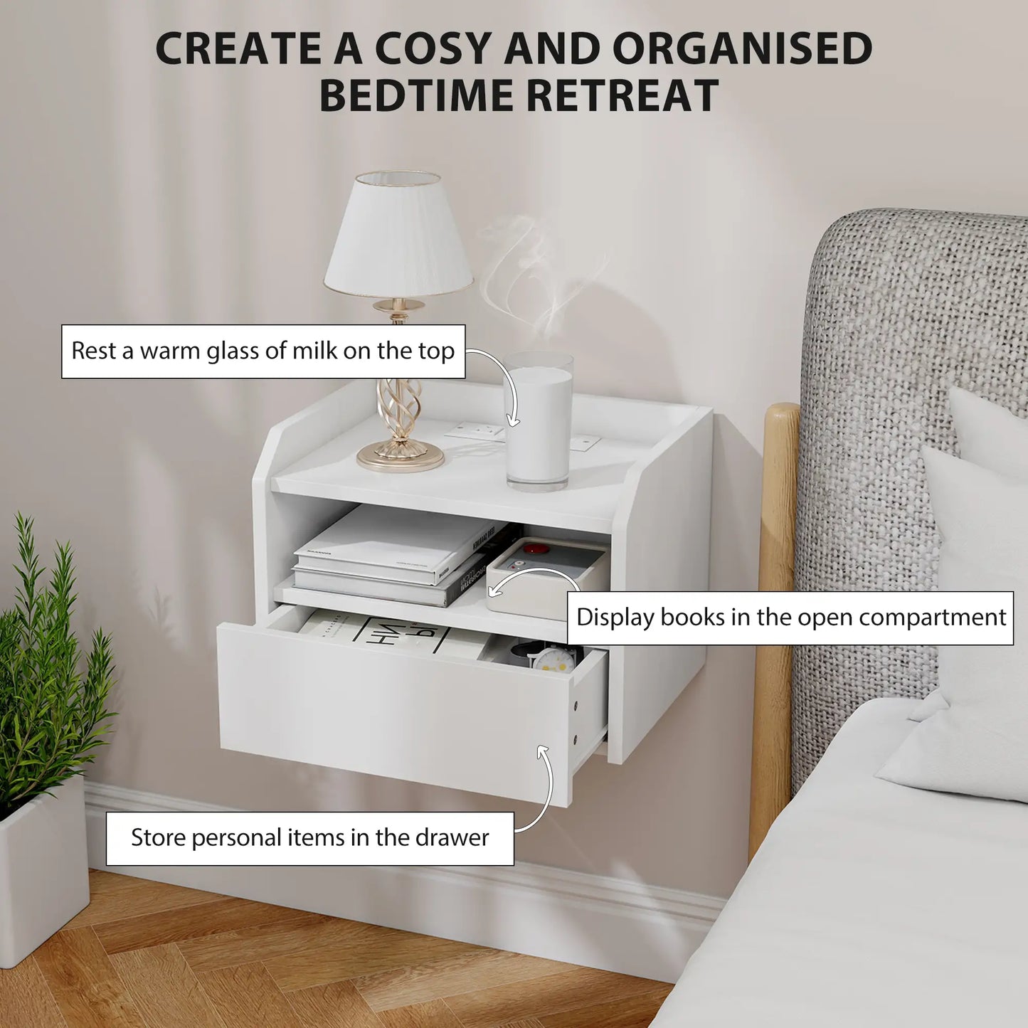 Wall Mounted Bedside Table Set of 2, Charging Station, Drawer, Shelf, White Bedside Tables at Gallery Canada