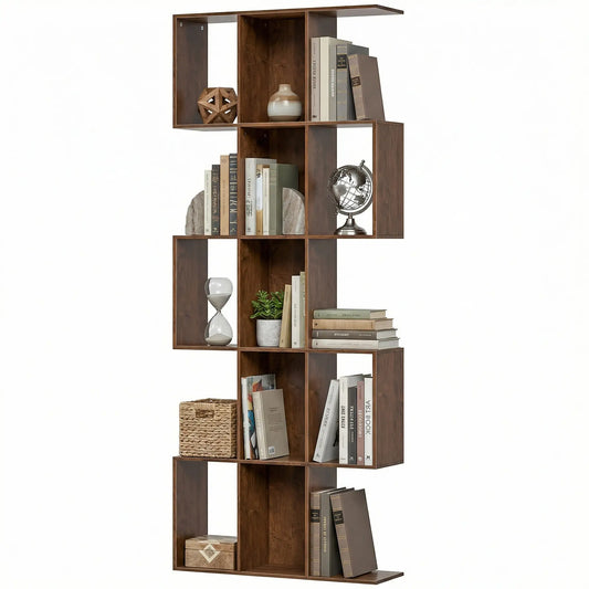 5-Tier S Shaped Geometric Bookshelf, 15 Compartments, Black Wood Grain, Black Display Bookshelves Black Wood Grain at Gallery Canada