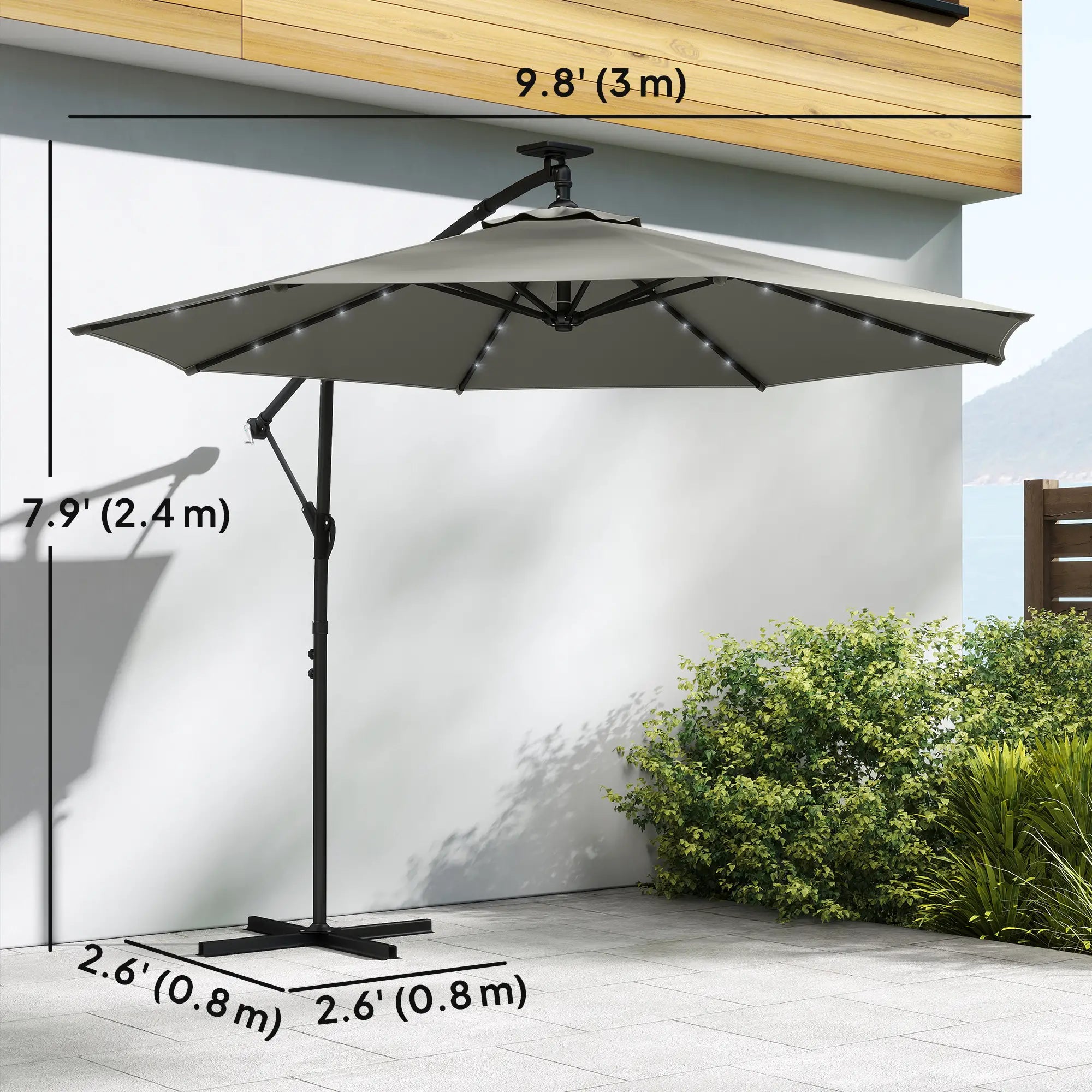 9.7 ft Cantilever Patio Umbrella, Solar Light, Tilt Crank, Grey Offset Cantilever Umbrellas at Gallery Canada