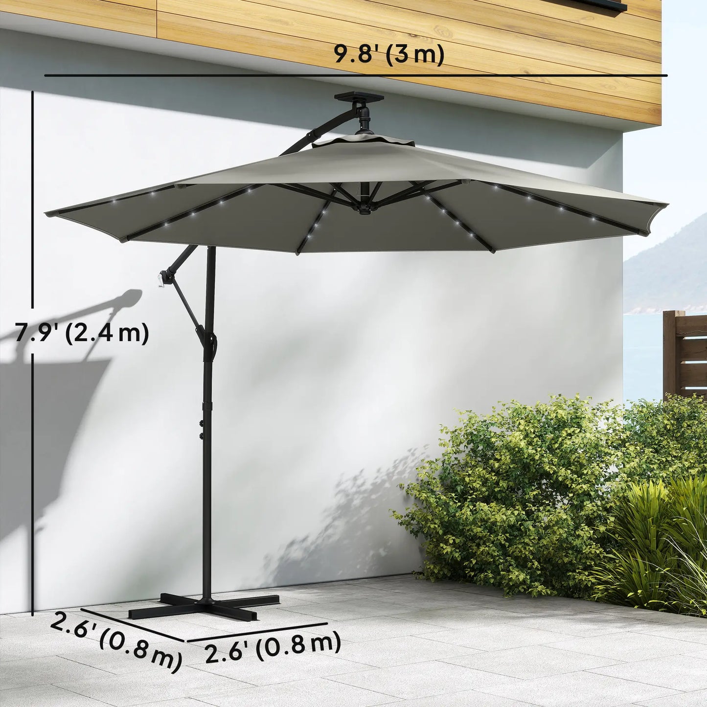 9.7 ft Cantilever Patio Umbrella, Solar Light, Tilt Crank, Grey Offset Cantilever Umbrellas at Gallery Canada