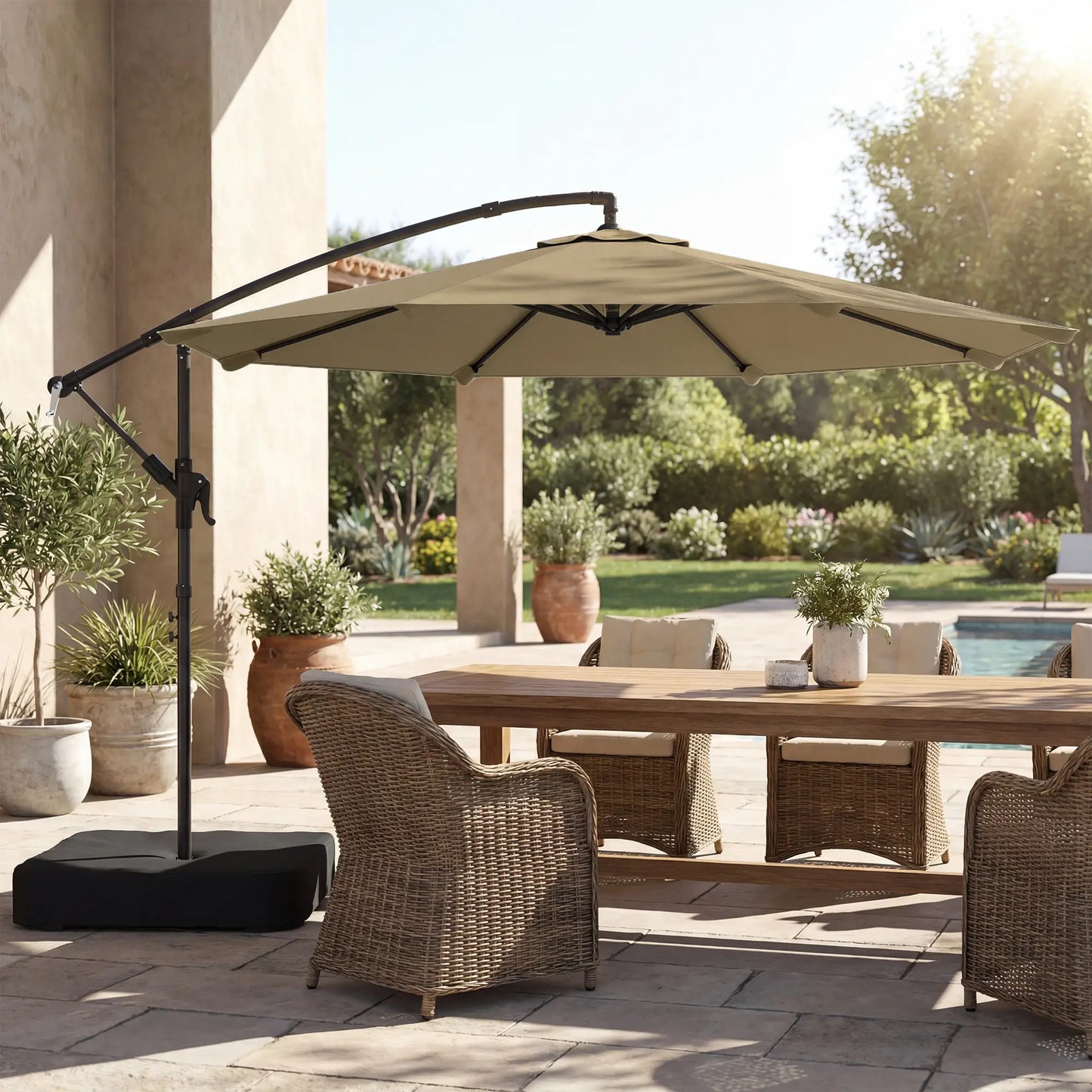 9.6 ft Offset Patio Umbrella, Sandbag, 360° Rotation, Khaki Offset Cantilever Umbrellas at Gallery Canada