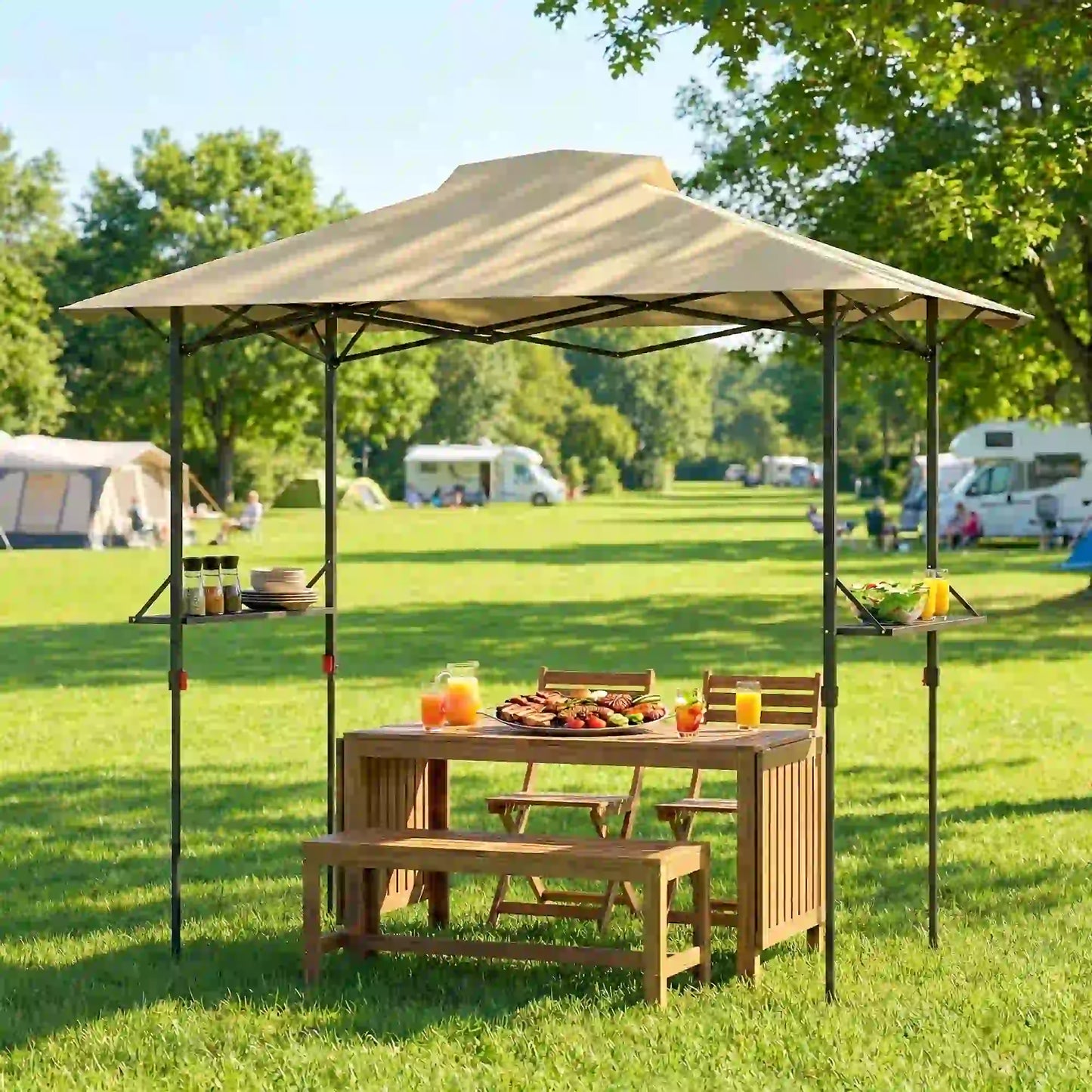 5 x 8.5 ft Pop Up Grill Gazebo, 2 Shelves, UPF 50+ Canopy, Khaki Pop Up Canopies at Gallery Canada