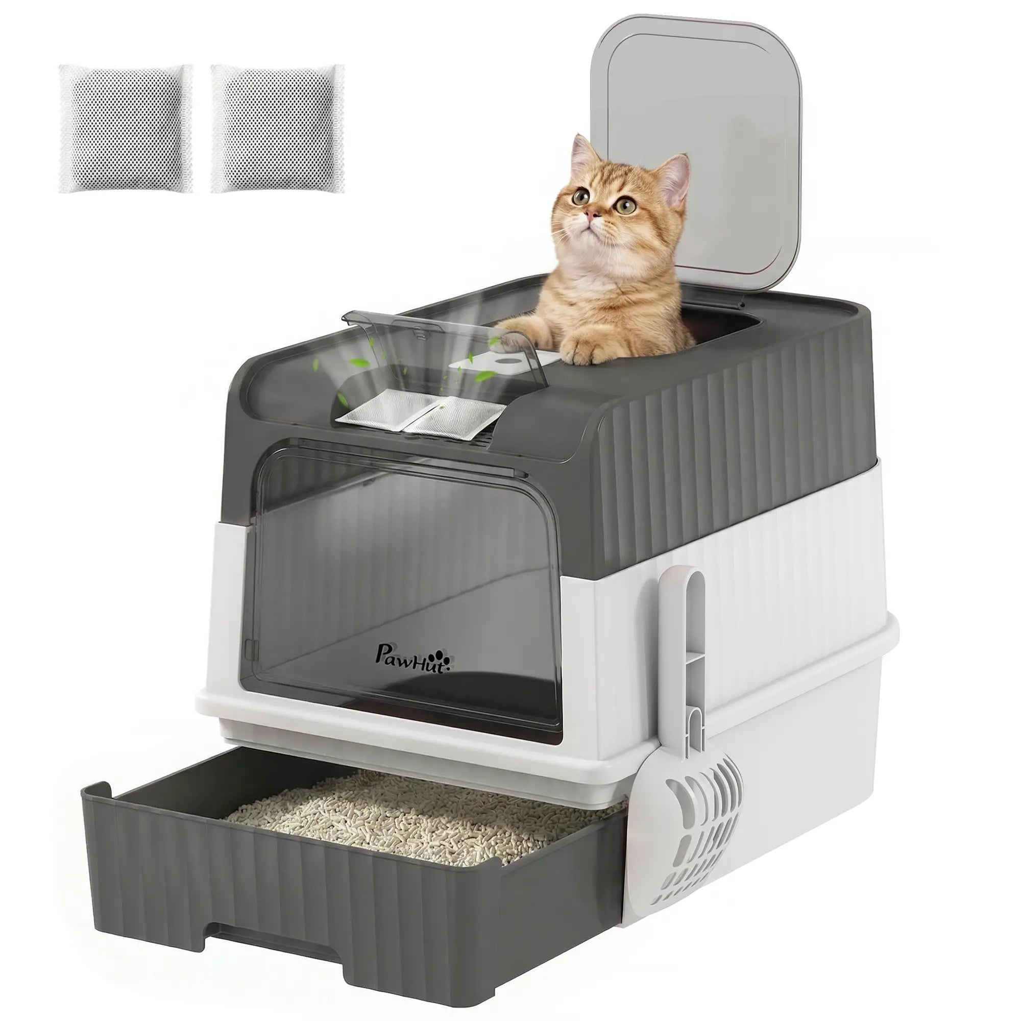 Enclosed Cat Litter Box with Drawer, Scoop, Grey Cat Litter Box Enclosures at Gallery Canada