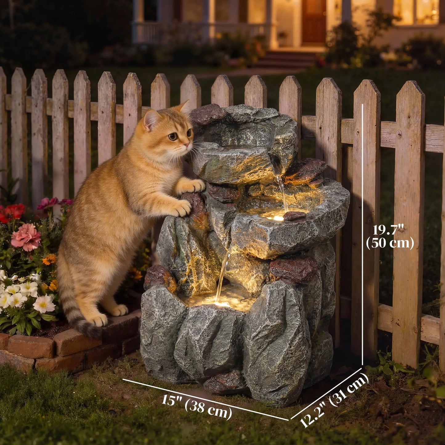 Outdoor Fountain, LED Lights, Adjustable Flow, 3-Tier, Rustic Rock Look, Grey Water Fountains at Gallery Canada