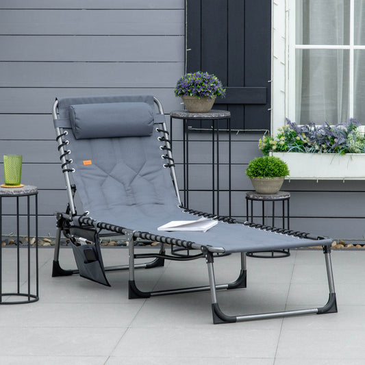 Outdoor Lounge Chair, Folding Chaise Lounge, Patio Padded Tanning Chair with 5-position Adjustable Backrest, Pillow and Pocket for Deck, Beach, Lawn and Sunbathing, Grey - Gallery Canada