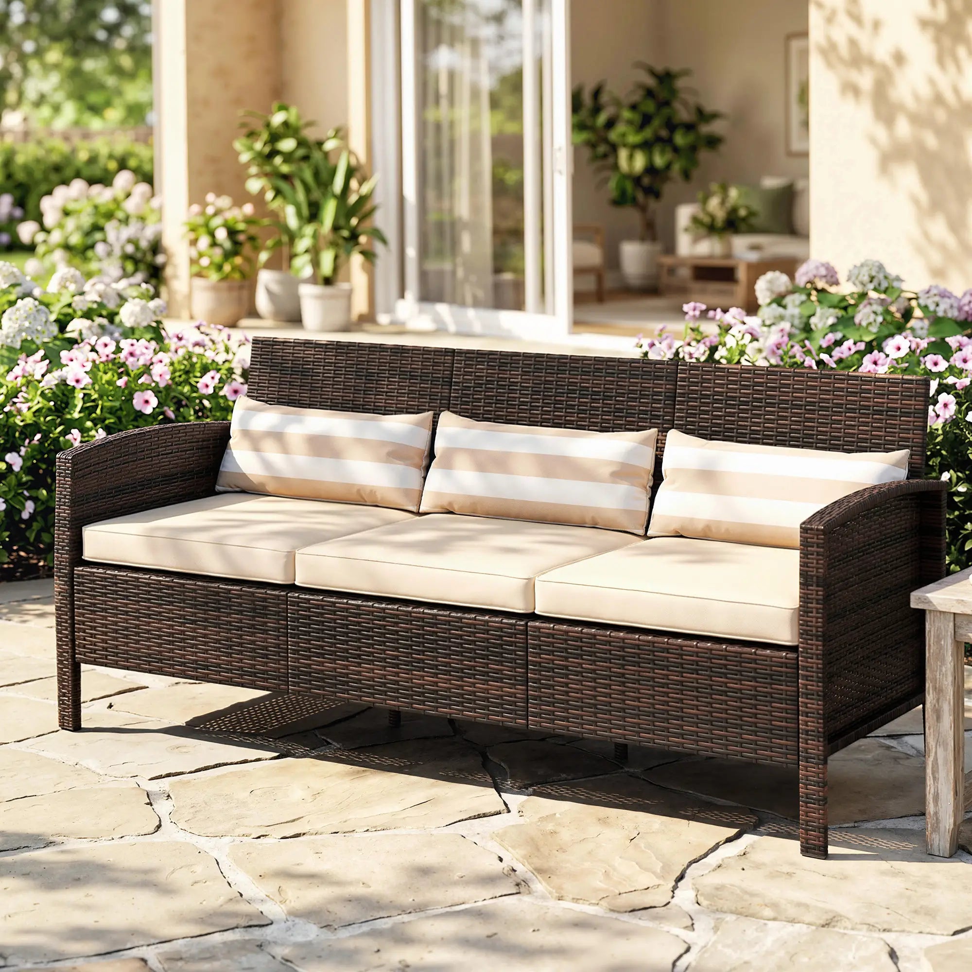 3-Seater Wicker Sofa, PE Rattan Outdoor Couch, Removable Cushions, Brown Patio Furniture Sets at Gallery Canada