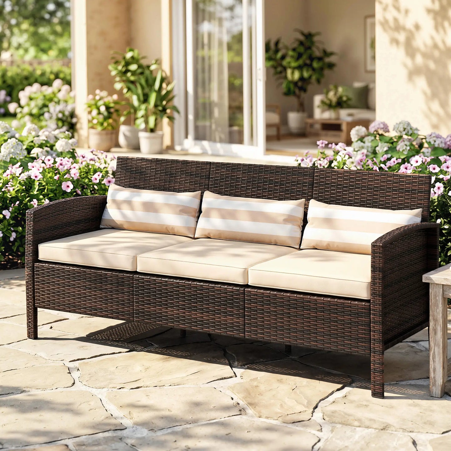 3-Seater Wicker Sofa, PE Rattan Outdoor Couch, Removable Cushions, Brown Patio Furniture Sets at Gallery Canada