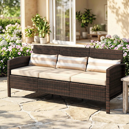 3-Seater Wicker Sofa, PE Rattan Outdoor Couch, Removable Cushions, Brown Patio Furniture Sets at Gallery Canada