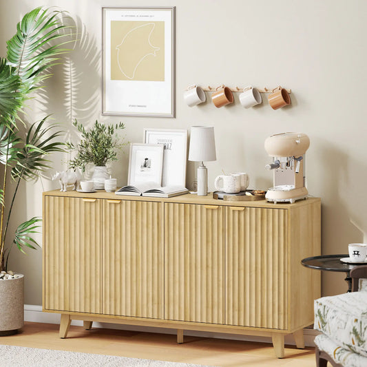 Fluted Sideboard Buffet, 55" Coffee Bar Cabinet, 4 Doors, 2 Shelves, Nature Wood Storage Cabinets Natural at Gallery Canada